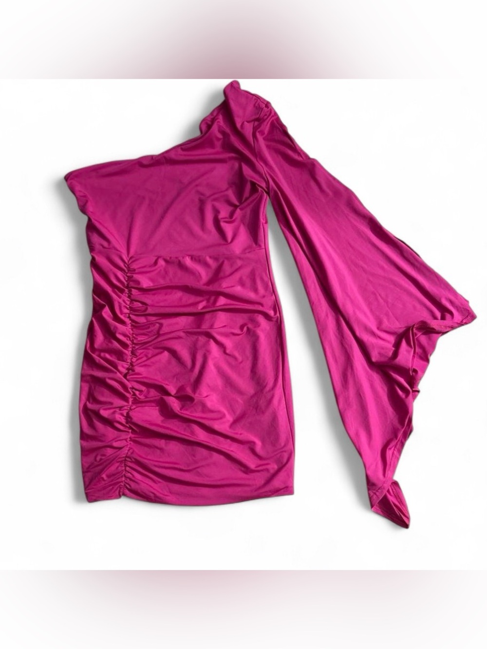 One-Shoulder Fuchsia Ruched Mini Dress
